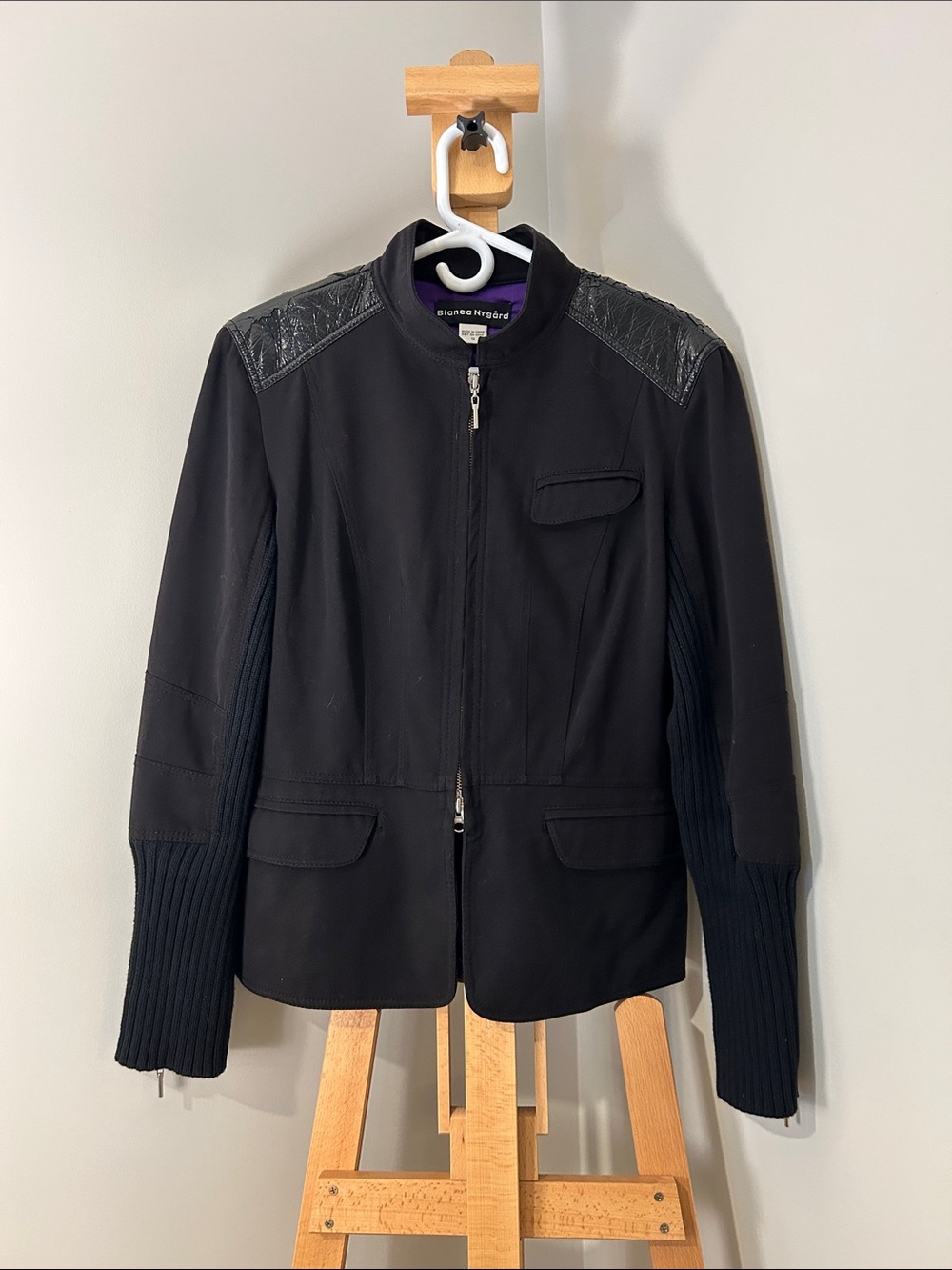 VINTAGE | Bianca Nygård | Black Moto Blazer with Knit Panels | Size 12